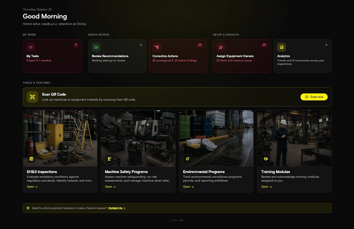 Odiz AI app dashboard showing tasks, corrective actions, and inspection programs